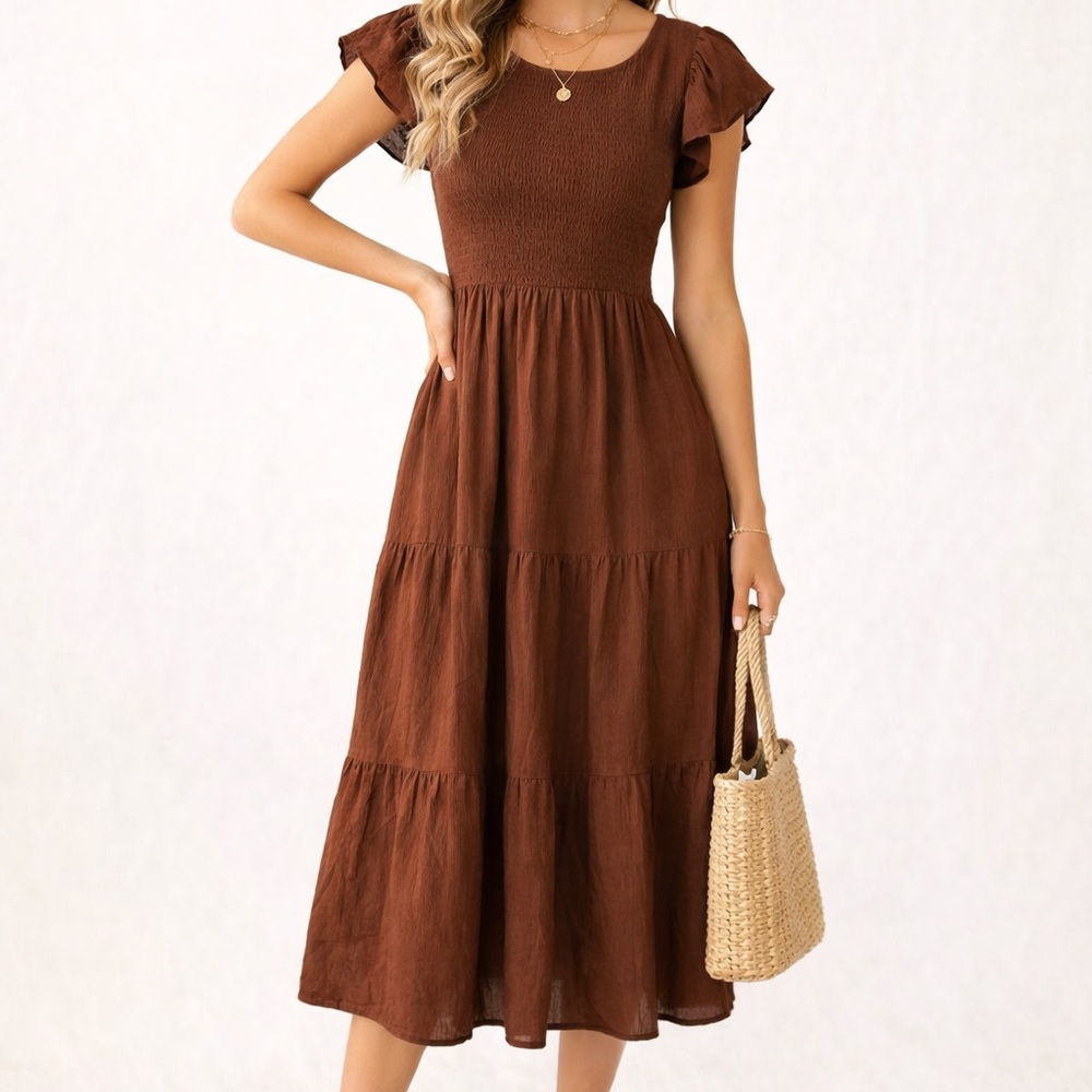 Elegant Brown Midi Dress with Ruffled Sleeves